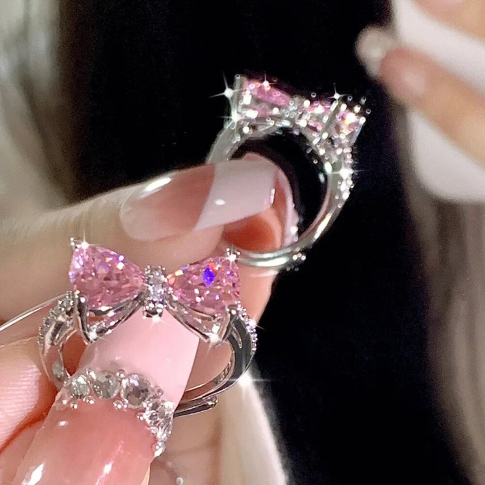 Bow Pink Cubic Zirconia Ring – 925 Sterling Silver, White Gold Plated (8)